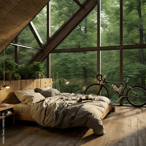 a bike and a cozy bed in a room with huge windows with a forest view