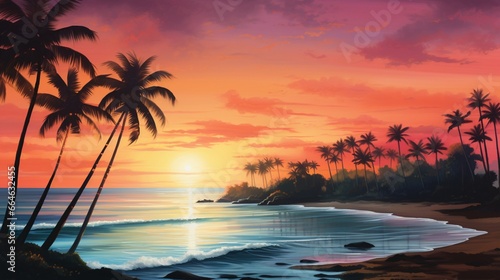 Behold the magical allure of a beach at twilight, with the horizon awash in shades of orange and pink, framed by the silhouettes of swaying palm trees.