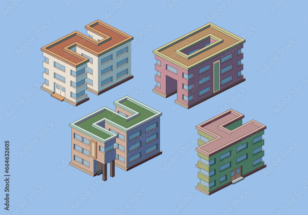 Illustration of isometric city buildings with numbers 2024 made from building roofs. Vector illustration.