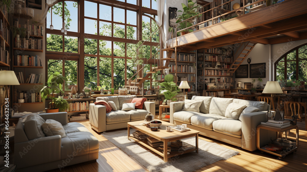 interior design of old library with fireplace