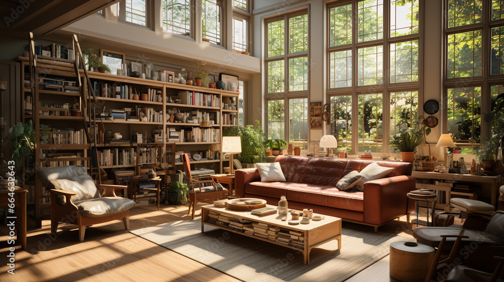 interior design of old library with fireplace