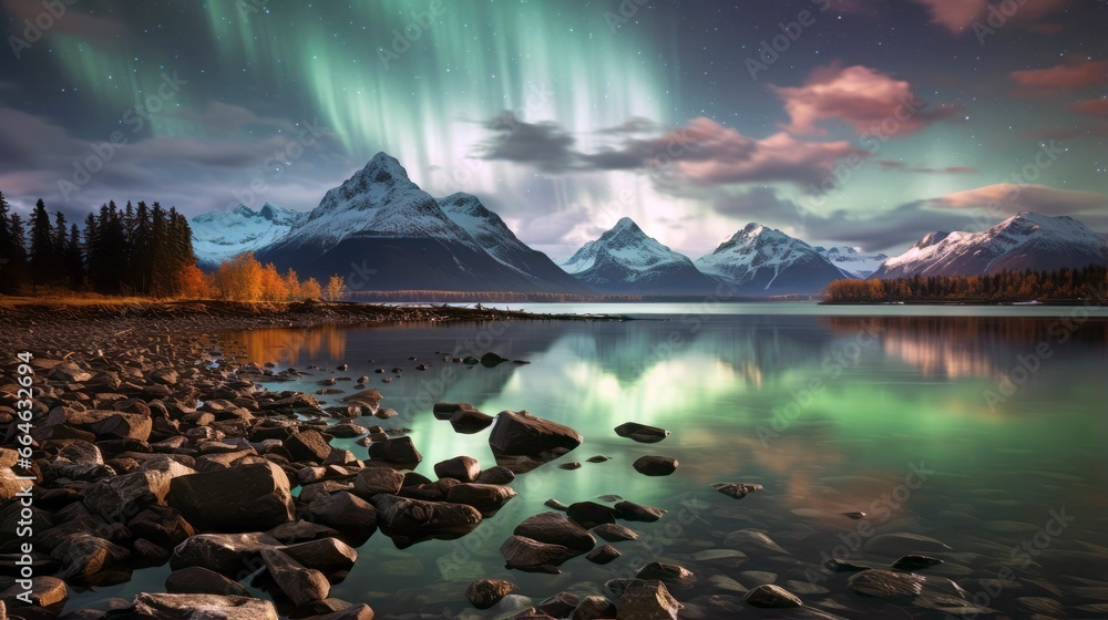 Obraz premium AI generated illustration of a rocky shore of a lake reflecting Aurora Borealis