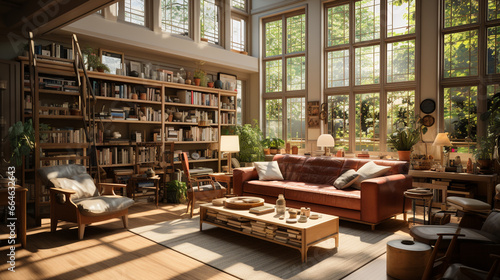 interior design of old library with fireplace