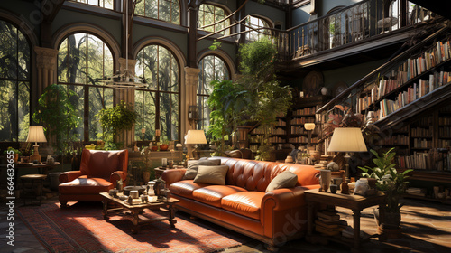 interior design of old library with fireplace