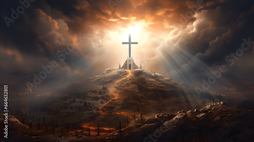 holy cross symbolizing the death and resurrection of Jesus Christ with The sky over Golgotha Hill is shrouded in light and clouds