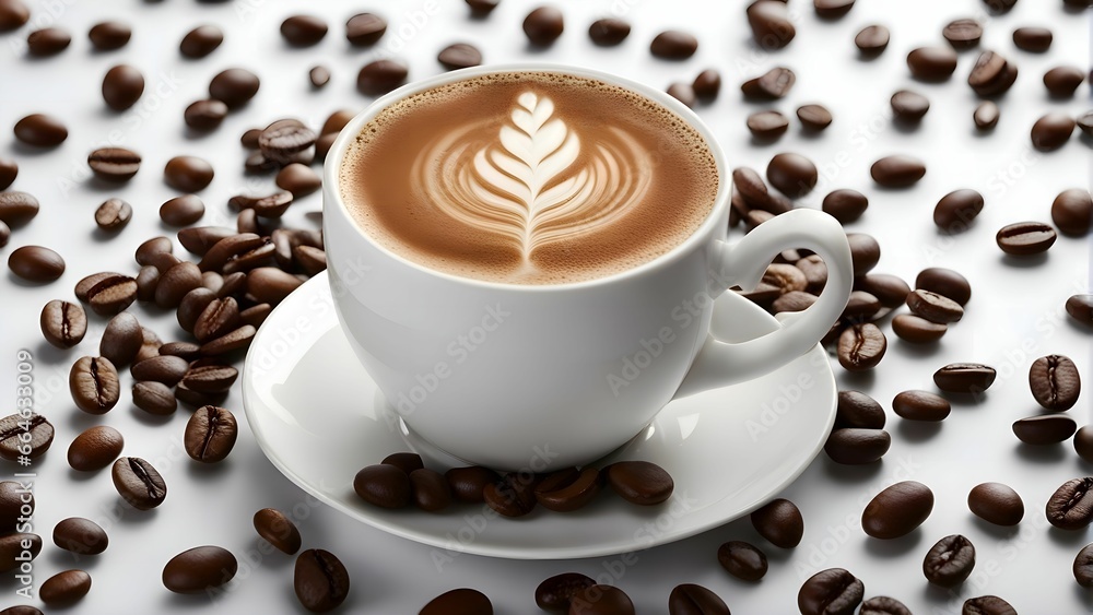 AI generated illustration of a cup of a steaming hot cup of coffee, surrounded by roasted beans AI generated illustration of a cup of a steaming hot cup of coffee, surrounded by roasted beans
