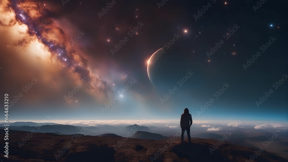 AI generated illustration of a man marveling at the planets in the night sky AI generated illustration of a man marveling at the planets in the night sky