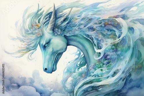 Aqua-hued mythical creatures portrayed with watercolor technique. Generative AI photo