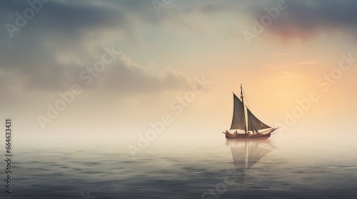concept of  Exploration  with a lone boat sailing towards an unknown  misty horizon.