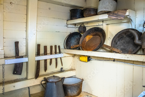 Kitchen tools in a sailing ship galley in Massachusetts photo