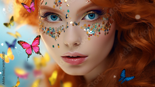 girl with red hair with butterflies