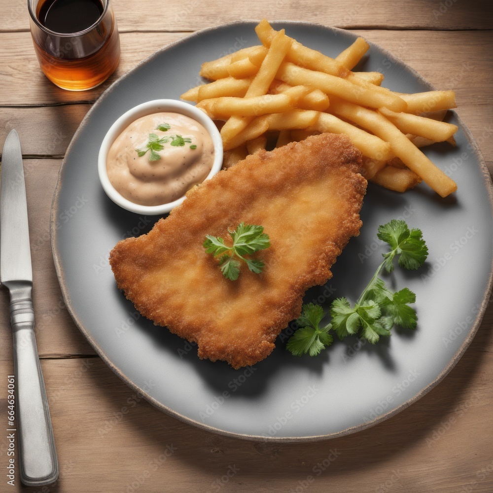 AI generated illustration of a plate of food with fries on the side AI generated illustration of a plate of food with fries on the side