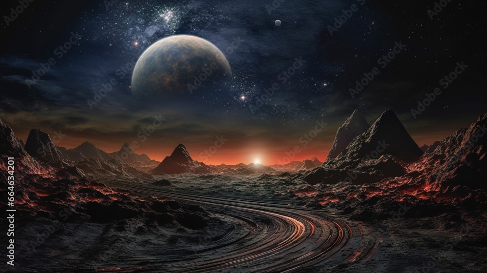 a beautiful alien landscape with rocks and stars and planets in the sky