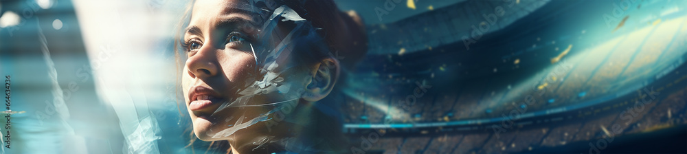 Woman sport champion, abstract double exposure woman face and sport stadium