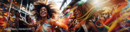 Woman smile happy portrait in carnival street parade, colorful streamers sparkles and confetti