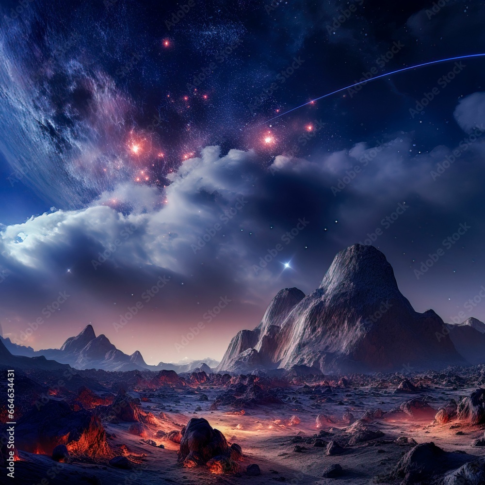 a beautiful alien landscape with rocks and stars and planets in the sky