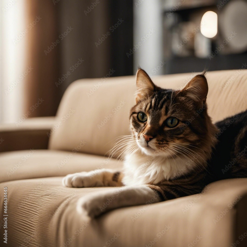 AI generated illustration of a close up of a domestic cat resting on a comfy couch