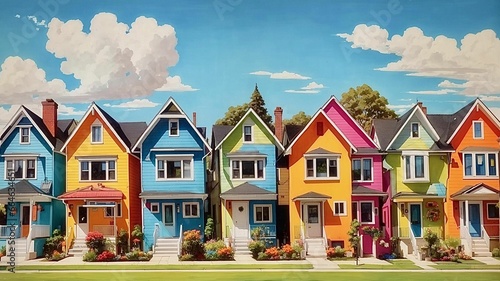 A row of colorful houses in the suburbs, AI-generated.
