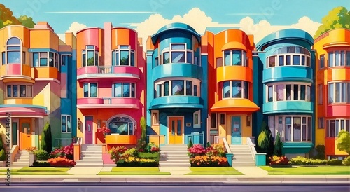 A row of colorful houses in the suburbs, AI-generated.