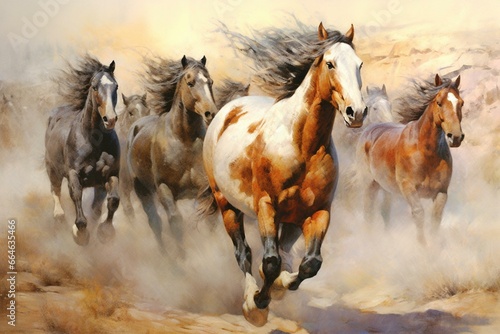 Painting of horses running on sandy terrain. Generative AI © Sofia