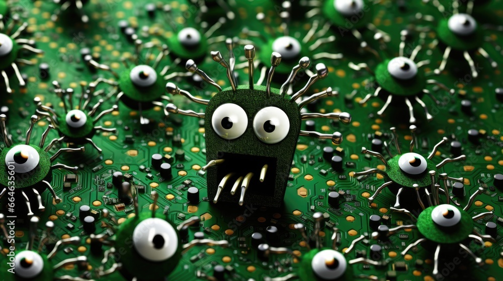 Macro closeup of a quirky computer hardware virus, nasty data corruption and system malfunction if it goes viral in your operating system. Imaginary childlike cartoon toy concept. Macro closeup of a quirky computer hardware virus, nasty data corruption and system malfunction if it goes viral in your operating system. Imaginary childlike cartoon toy concept.