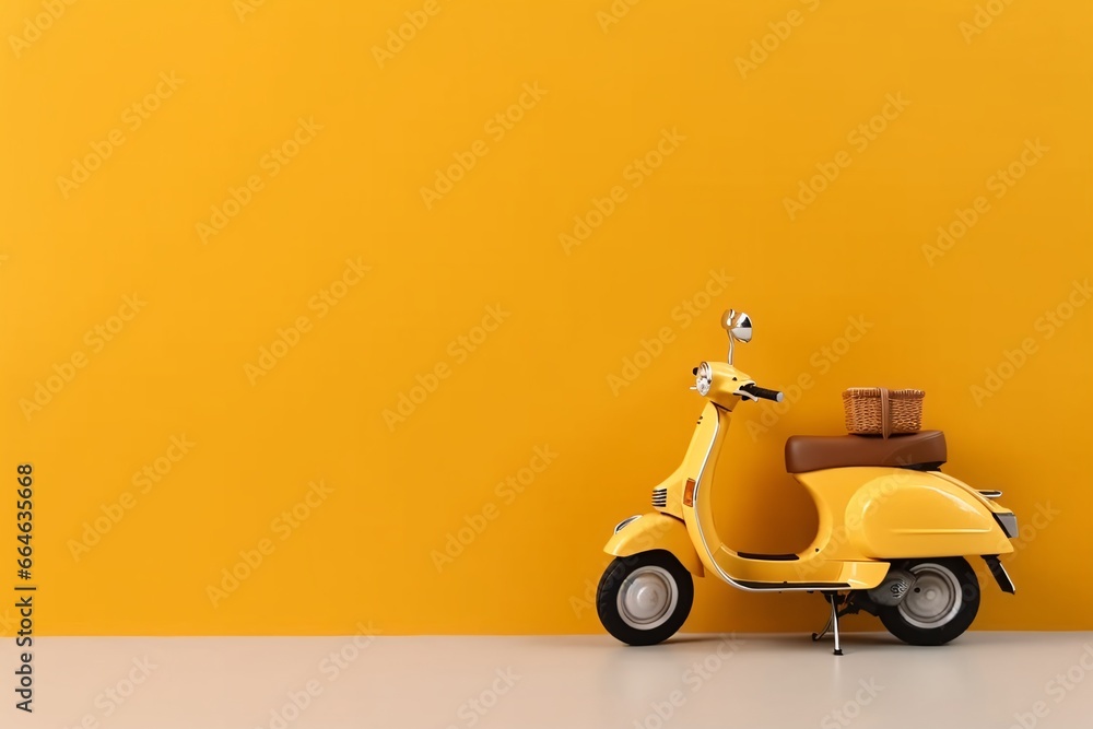Yellow scooter with a basket of food on a yellow wall background - obrazy, fototapety, plakaty 