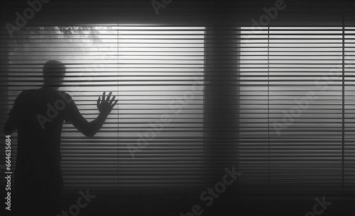 AI generated illustration of a man peeking out the window on a foggy early morning