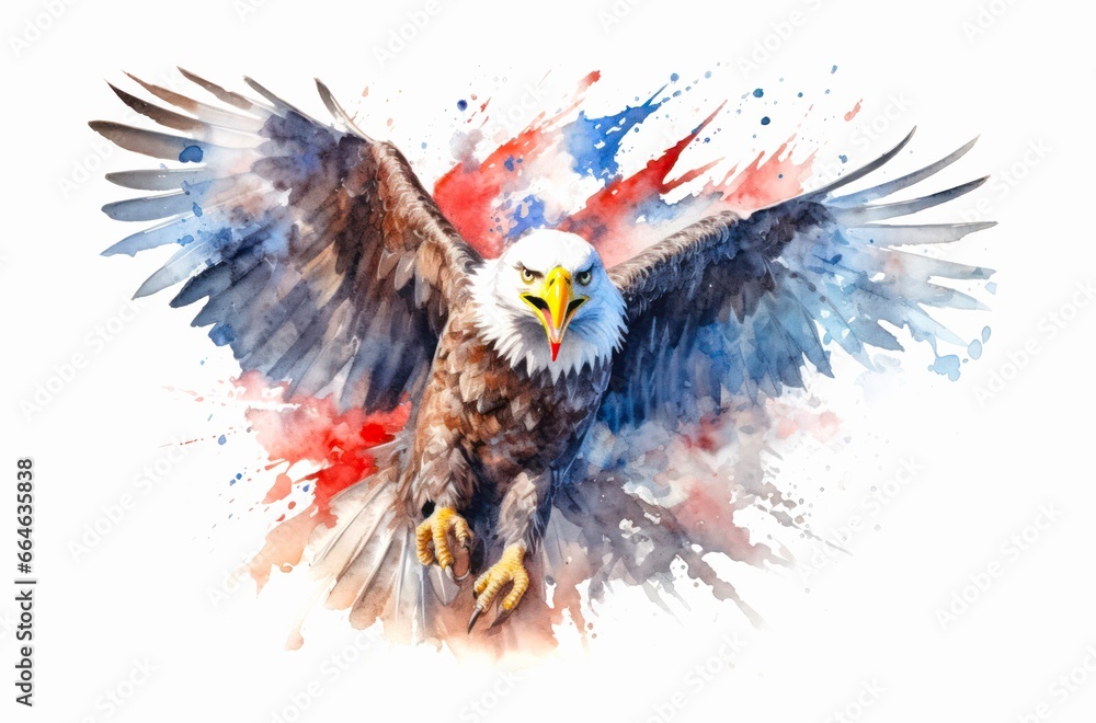 Watercolor illustration of a flying american bald eagle on white background.
