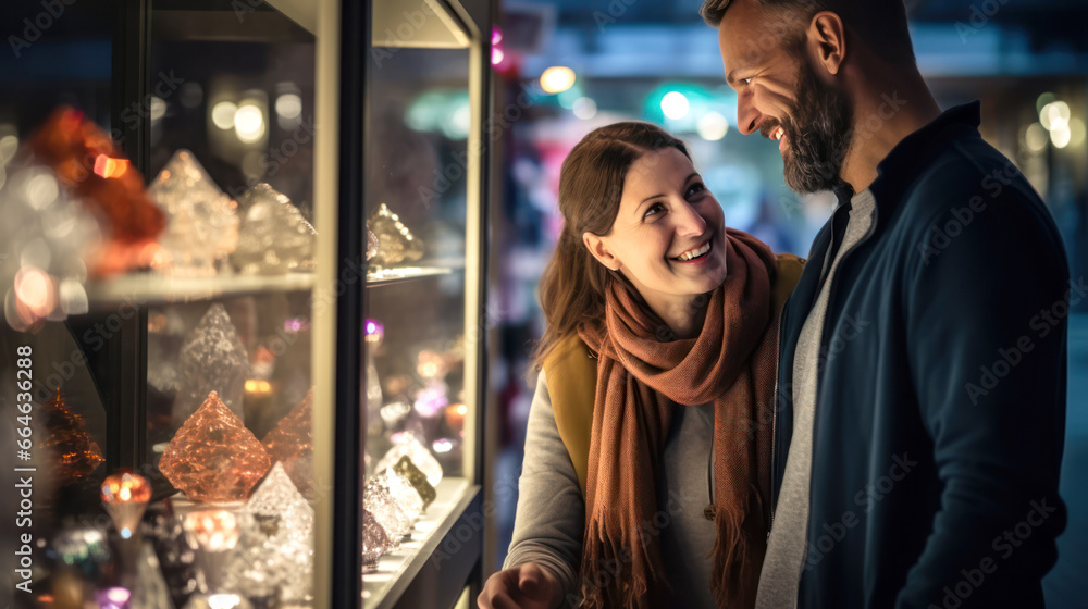 Diversity emotional couple walks along the windows of the city at night during Christmas sales Diversity emotional couple walks along the windows of the city at night during Christmas sales