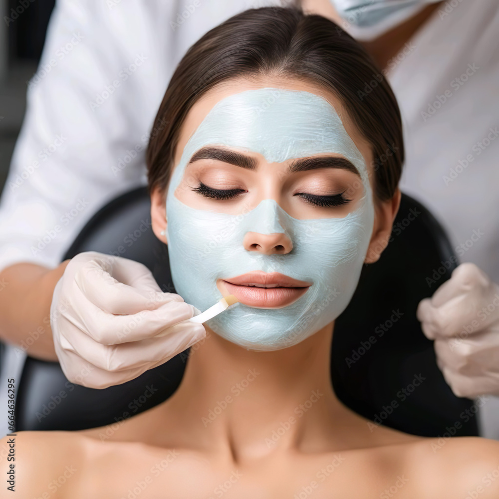 Mujer en un salón de belleza y le están aplicando en la cara una mascarilla hidratante Mujer en un salón de belleza y le están aplicando en la cara una mascarilla hidratante