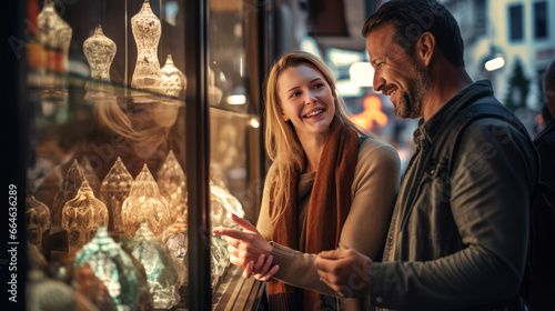 Diversity millennial couple in love walks along the shop windowsat night during Christmas sales