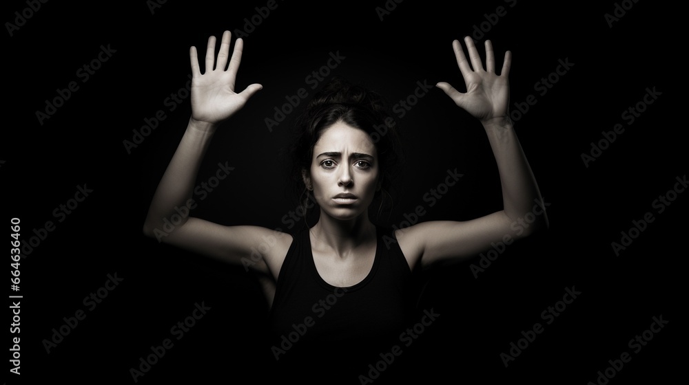 Close up of woman showing stop gesture with hand raising up on black background, young female protesting against domestic violence and abuse, bullying, saying no to gender discrimination Close up of woman showing stop gesture with hand raising up on black background, young female protesting against domestic violence and abuse, bullying, saying no to gender discrimination