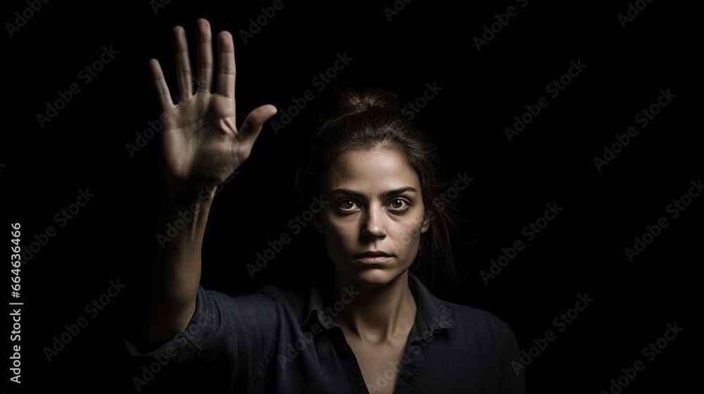 Close up of woman showing stop gesture with hand raising up on black background, young female protesting against domestic violence and abuse, bullying, saying no to gender discrimination 