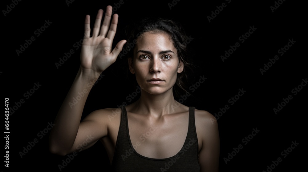 Close up of woman showing stop gesture with hand raising up on black background, young female protesting against domestic violence and abuse, bullying, saying no to gender discrimination Close up of woman showing stop gesture with hand raising up on black background, young female protesting against domestic violence and abuse, bullying, saying no to gender discrimination