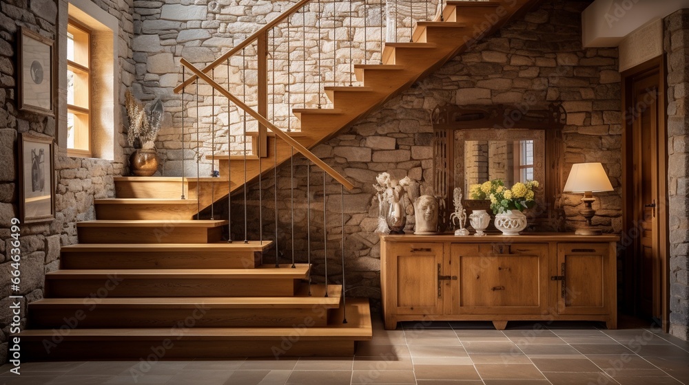 Boho interior design of modern entrance hall with wooden staircase and rustic decor pieces, handcrafted wooden furniture under the stair, welcoming hallway on vintage stone wall background. - obrazy, fototapety, plakaty 