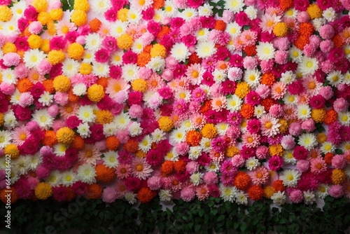 Flowers wall background with amazing red,orange,pink,purple,green and white chrysanthemum flowers ,Wedding decoration, hand made Beautiful flower wall background © JW Studio