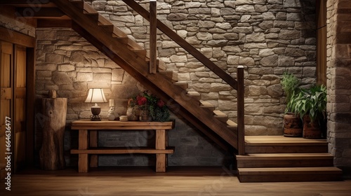 Boho interior design of modern entrance hall with wooden staircase and rustic decor pieces  handcrafted wooden furniture under the stair  welcoming hallway on vintage stone wall background.