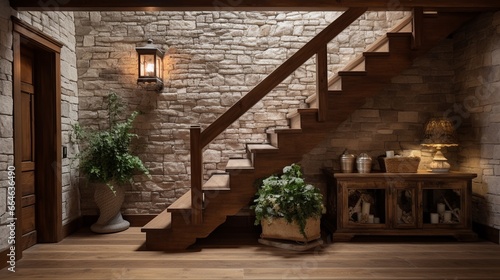 Boho interior design of modern entrance hall with wooden staircase and rustic decor pieces, handcrafted wooden furniture under the stair, welcoming hallway on vintage stone wall background.