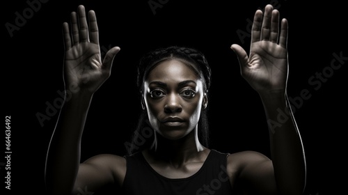 Close up of African American woman show stop gesture with hand raise up on black background, young female protesting against domestic violence and abuse, bullying, saying no to gender discrimination  photo
