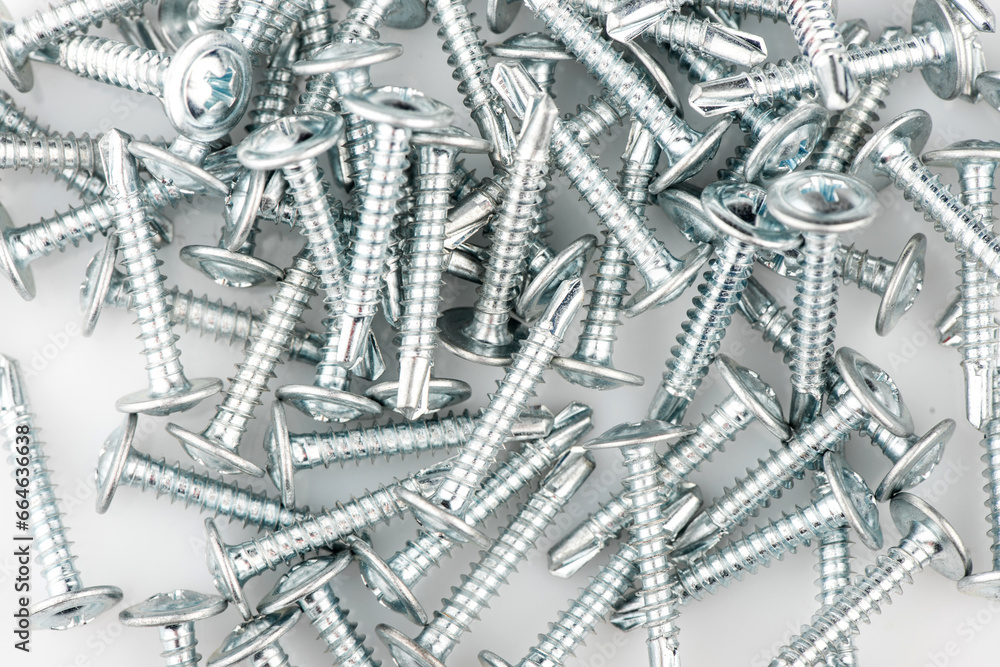 Zinc screws with a round press washer on a white background. Detailed shot of fittings and fasteners. Zinc screws with a round press washer on a white background. Detailed shot of fittings and fasteners.