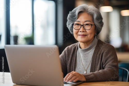 Elderly Asian woman working in a cafe on a laptop