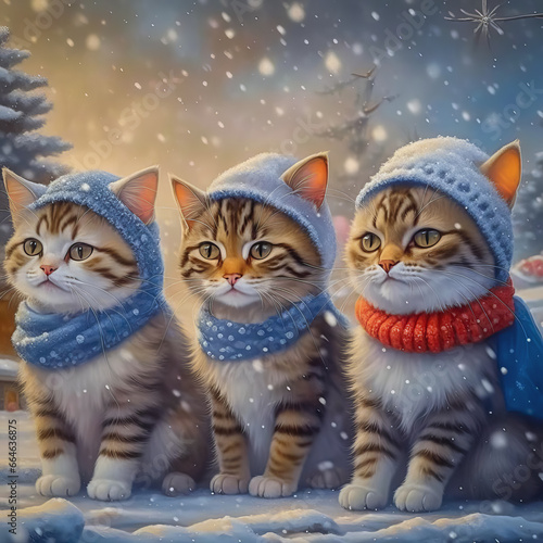 Cute kittens in knitted hats on a snowy background. Christmas background with kitten