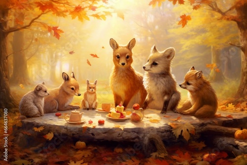 Peaceful forest animals having a picnic amidst golden autumn leaves. Generative AI © Daniel