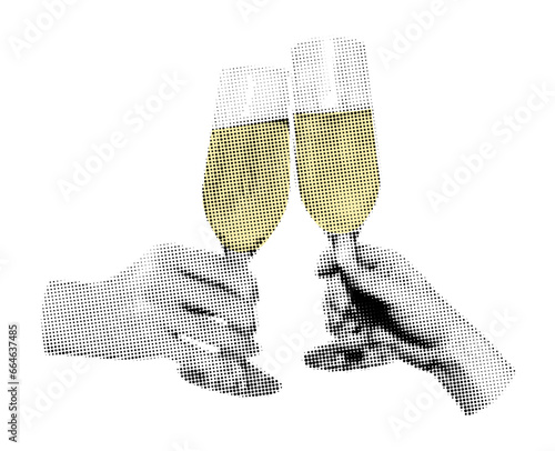 Hands holding champagne glasses halftone art collage. Toast, cheers Cutout magazine shapes, modern retro, grunge punk New year design. Vector illustration isolated on transparent background photo