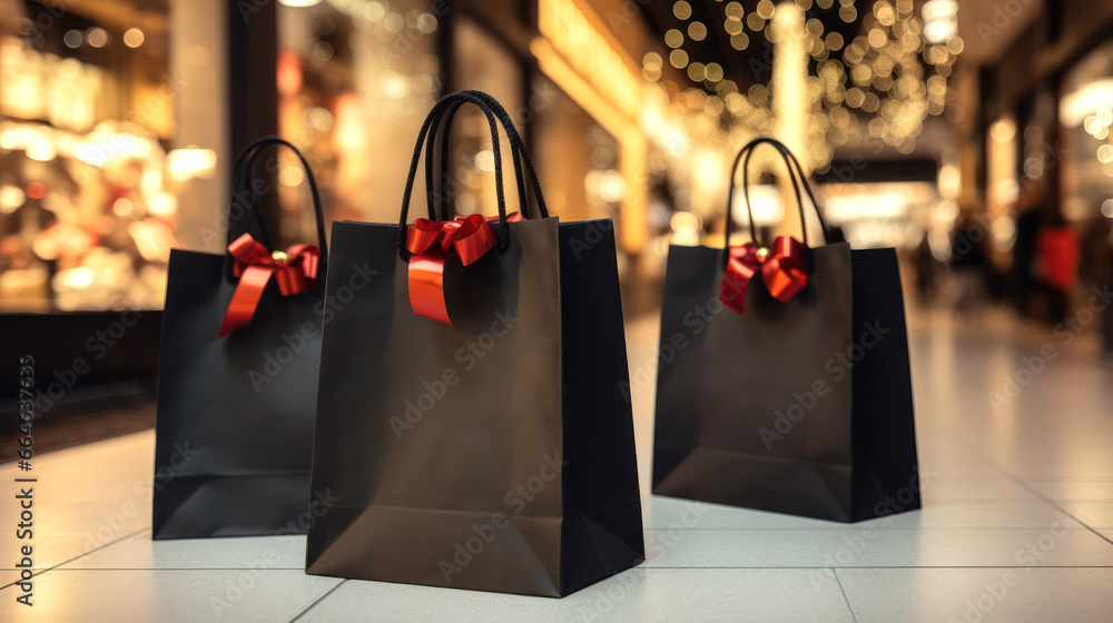 Three black shopping bags close-up against the backdrop of glowing shop windows Three black shopping bags close-up against the backdrop of glowing shop windows
