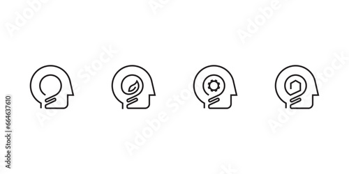 set of head line art logo designs, thinker head, lamp, bulb, icon vector illustration.