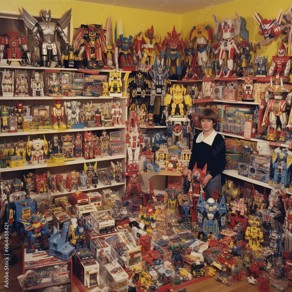kid with toys in toy store, toy collections, old old-style