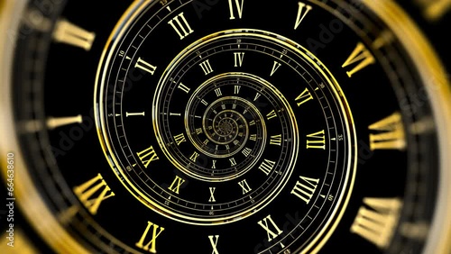 Abstract modern black spiral clock dial with golden roman and arabic numerals. Concept of Infinite time, deadline, scheduling, time and space, past, present and future. Seamless loop.