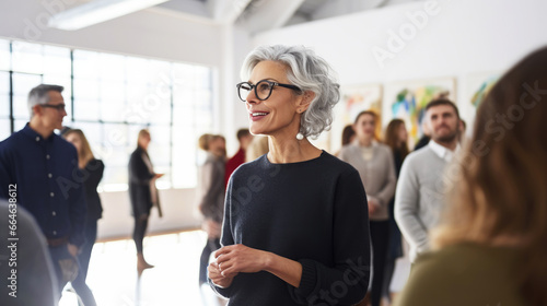 An elegant woman, a lady art critic and a professional gallery curator of an exhibition at a modern museum of contemporary art. In the background, a group of people discuss of artworks. Lifestyle photo
