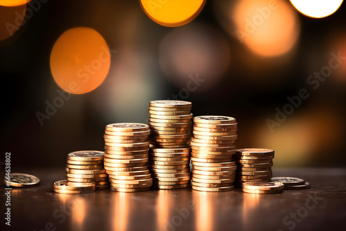 Stack of coins on table, bokeh background photo